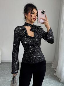 Chiquease 新年款女式闪光印花荷叶边领喇叭袖修身 T 恤上衣 - 黑色 - 查看 1