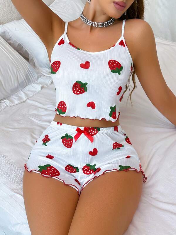 Women's Strawberry Print Jacquard Ruffle Trim Camisole & Shorts Pajama Set