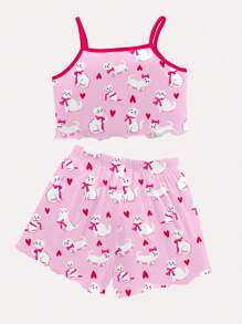 Cute Cat & Heart Print, Casual Slim Fit Pink Camisole Top And Shorts Pajama Set For Tween Girls, Suitable For Summer