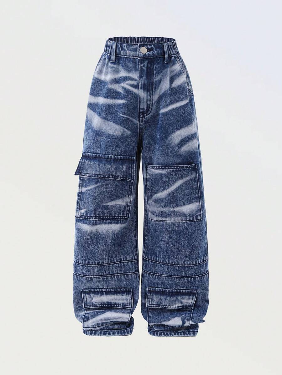 Girls' Street Style Casual Versatile Y2K Fashion Multi-Pocket Loose Baggy Distressed Comfortable Denim Jeans - Medium Wash - View 1