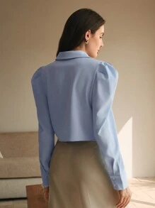 Anewsta 优雅的法式蝴蝶和珍珠刺绣衬衫，女士朴素春季/情人节服装 - 藍色 - 查看 2