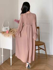 DAZY 情人节粉色腰部收紧宽松连衣裙，女士秋季服装，返校服装长袖连衣裙 - 粉色 - 查看 2