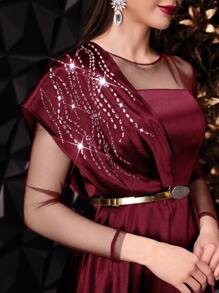 Modelyn Women's Shiny Rhinestone Mesh Splicing Satin Dress,Elegant Evening Party Maxi Dress - Burgundy - View 6