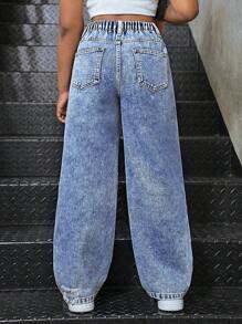 Tween Girls Y2K Style Loose Fit Distressed Washed Wide Leg Jeans, Versatile For Casual City Walk, School, Campus, College