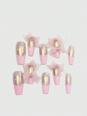 Kawaii Cute, Sweet Lace Bow Design Pink Elegant French Romantic Pearl Gloss Pearl Long Square Manual Fake Nails