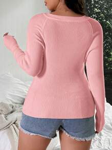 Flirla Plus Size Solid Color Slim Fit Sweater, Casual Autumn/Winter Knit Pullover Fall Sweater - Baby Pink - View 2