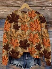 EMERY ROSE Women's Maple Leaf Pattern Round Neck Casual Fleece Sweatshirt For Autumn/Winter Graduation,Back To School Outfits,Graduation,Teacher Outfits For Women,Back To School - Multicolor - View 5