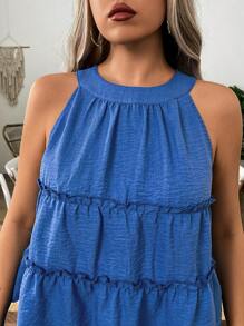 SHEIN LUNE New Sweet Ruffled O-Neck Sleeveless Blouse & Loose Pants Set - Blue - View 7
