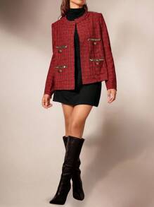 Forever 21 格子图案前开式粗花呢大衣，女士深秋优雅串珠常规袖圆领常规版型红色粗花呢格子女式大衣，休闲日常穿着 - 紅色 - 查看 3