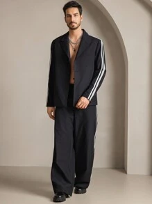 Manfinity VCAY 2pcs Men's Casual Woven Loose Long Sleeve Open Front Jacket And Elastic Waist Straight Leg Pants Set - Black - View 5