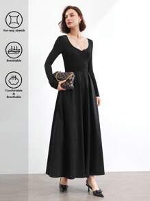 BizChic Robe noire à manches longues, robe de fête/de rendez-vous de printemps/été, convient pour Noël - Noir - Voir 2