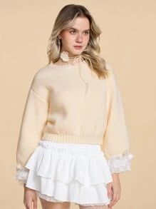 ROMWE Kawaii Suéter de mujer acogedor y lindo con lazo de mariposa y detalles de encaje en contraste