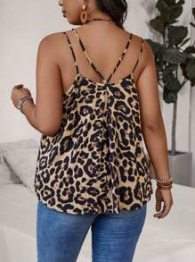SHEIN VCAY Plus Size Leopard Print Double Strap Vacation Tank Top Autumn Winter Fashion New Arrival, French Style Women Top, Fashionable, Bell Sleeves, Party, Back To School, American Long Shirt, Stylish, Front Tie, Teacher, Old Money Style, Commute, Minimalism, Office Wear, Retro, Simple, Solid Color Shirt, Autumn Top, Vintage, Leopard Print, Animal Print, Teacher Top, V-Neck, Ladies Casual Top, Suitable For Outerwear