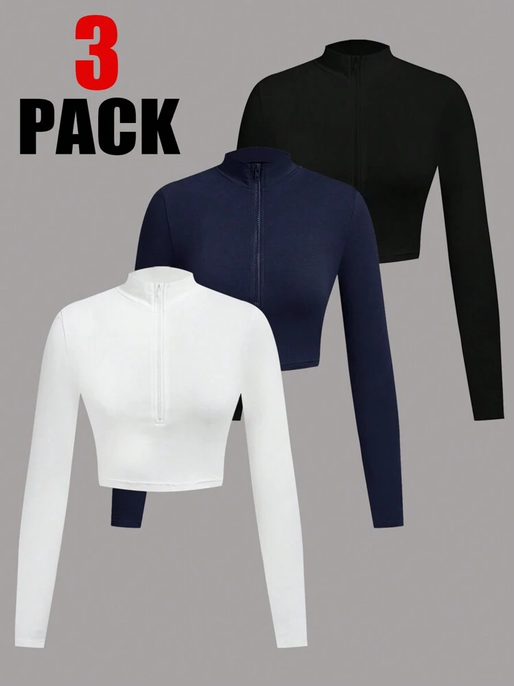 SHEIN EZwear 3pcs Zip Up Long Sleeve T-Shirts, Suitable For Autumn