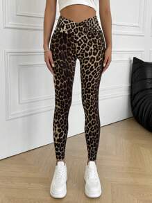 SHEIN Leap Crew Tween Girls Casual Leopard Print Elastic Knit Leggings - Brown - View 3