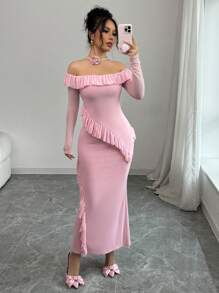 Chiquease Women's Off Shoulder Long Sleeve Mesh Splice Minimalist Bodycon Dress