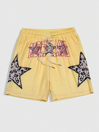 Anime Men's Anime Leopard Star Front Tie Pockets Printed Relaxed Fit Casual Shorts For Summer