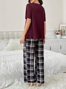 2 Pieces Plain Ribbed Trim Button Decor Short Sleeve Top And Plaid Long Pants Maternity Pajamas Set