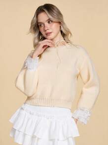 ROMWE Kawaii Suéter de mujer acogedor y lindo con lazo de mariposa y detalles de encaje en contraste