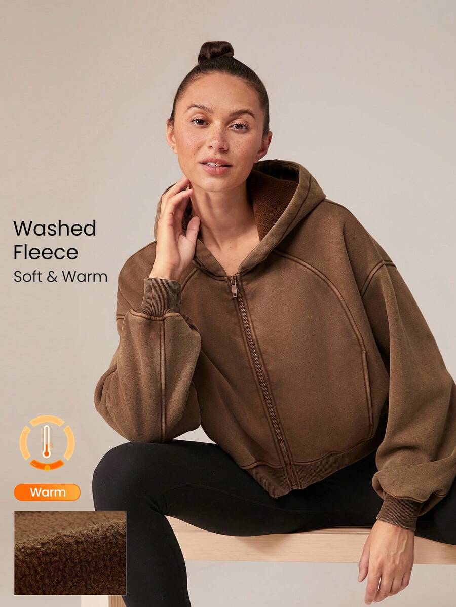 GLOWMODE 羊毛柔软保暖抽绳宽松连帽夹克，带侧袋，日常休闲秋冬