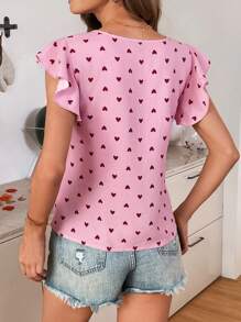 SHEIN LUNE Heart Print Ruffle Trim Short Sleeve Blouse For Women, Spring/Summer Pink Shirt For Valentine's Day Going Out Tops Women - Multicolor - View 2