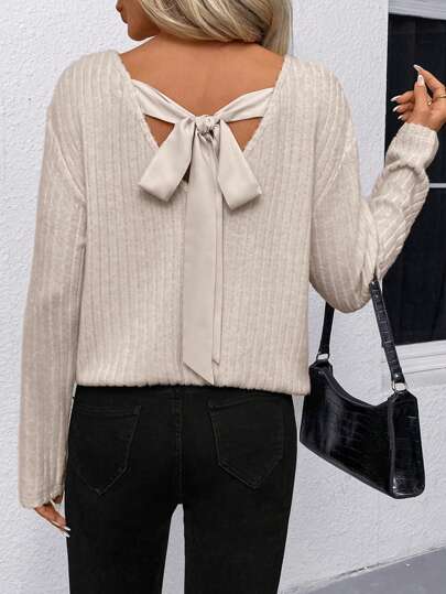 SHEIN LUNE Camiseta de mujer con cuello en V, de punto acanalado, con espalda de mariposa, color albaricoque, nueva colección de primavera/verano