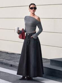 EURMUSE 100% Cotton High Waist Long Denim Skirt - Black - View 5