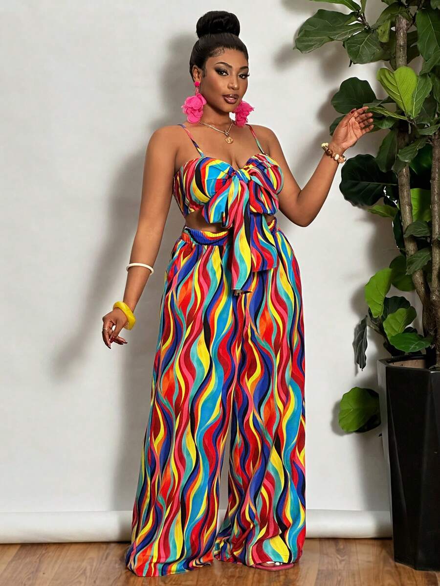 Slaydiva Conjunto de 2 piezas de talla grande para vacaciones, con top tipo camiseta y pantalón de pierna ancha, en colores vivos, adecuado para primavera y verano - Multicolor - Ver 1
