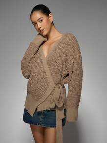 MISSGUIDED 厚实爆米花针织环绕式开衫泡泡袖芭蕾风格秋冬毛衣长袖罗纹下摆交叉前襟款式