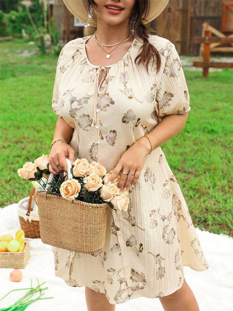 SHEIN LUNE 大码女式长袖花卉印花系带中式长裙，优雅时尚宽松凉爽连衣裙，缓解压力的服装，夏季 - 黃色 - 查看 1