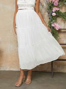 SHEIN Lace Ruffle Mesh Mini Skirt, Adjustable Waist, Suitable For Pregnant Women - White - View 4