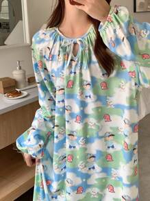 DAZY Cute Cartoon Print Gathered Drawstring Lantern Sleeve Loose Nightgown Pajama - Multicolor - View 4