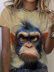 INAWLY 趣味猴子图案印花短袖休闲 T 恤图案 T 恤女式上衣 - 彩色 - 查看 1