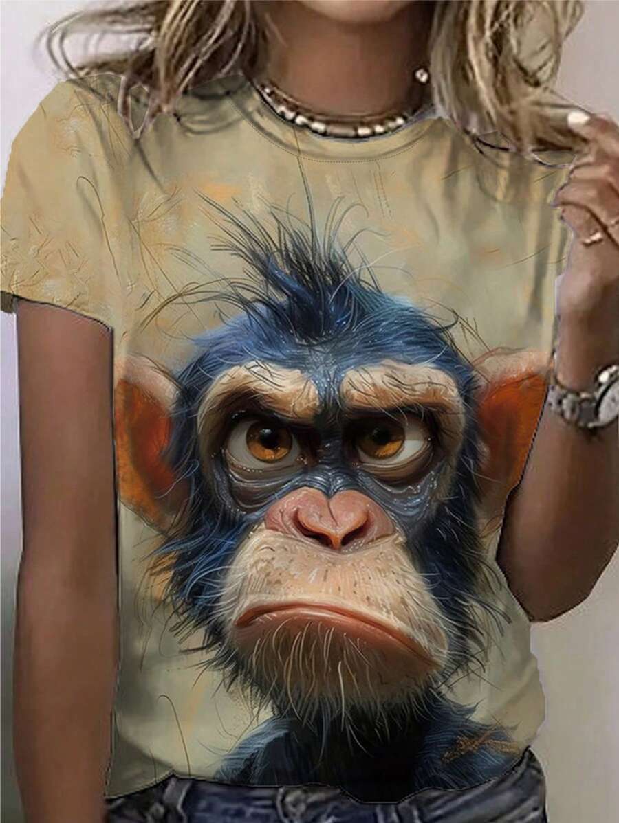 INAWLY 趣味猴子图案印花短袖休闲 T 恤图案 T 恤女式上衣 - 彩色 - 查看 1