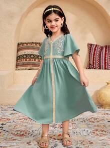 SHEIN Young Girl's V-Neck Fitted Casual Solid Dress - Green - View 3