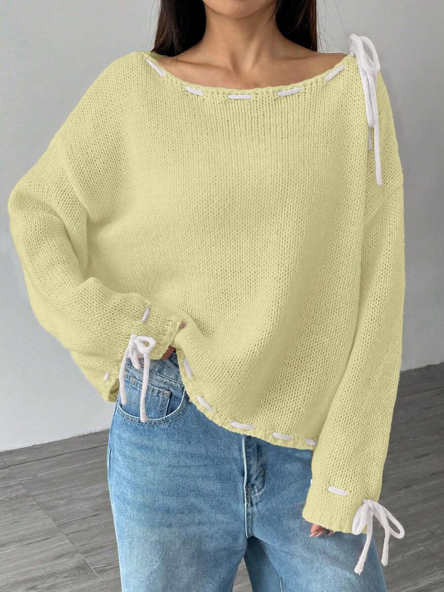 Flirla 女士宽松蝙蝠袖长袖针织衫，系带设计，休闲百搭，适合秋冬季节穿着。 - 黃色 - 查看 1