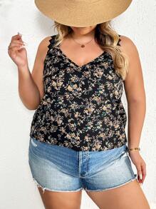 SHEIN CURVE+ Plus Size Summer New Arrival Small Flower Print Lace Patchwork Camisole Boho Vacation - Multicolor - View 9