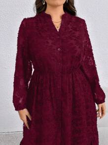 SHEIN Clasi 大码女式 V 领蕾丝长袖优雅秋季连衣裙 - 酒紅色 - 查看 3