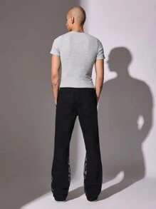 SUMWON Designer Panel Flare Jeans With Bandana Print Insert Stretch Y2K Fashion Streetwear Wide Bottom High Waist Vintage Style Denim - Black - View 4