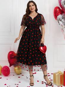 SHEIN Clasi Valentine's Day Women's Spring Dress, Red Heart Mesh Long Dress Plus Size, Elegant - Multicolor - View 3