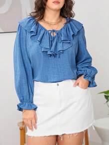 SHEIN LUNE 大码女式情人节春季牛仔蓝领蕾丝设计长袖花边衬衫派对衬衫优雅办公服装，大码女士优雅通勤简约时尚百搭畅销衬衫，春夏百搭流行设计时尚日常穿着优雅衬衫女式衬衫