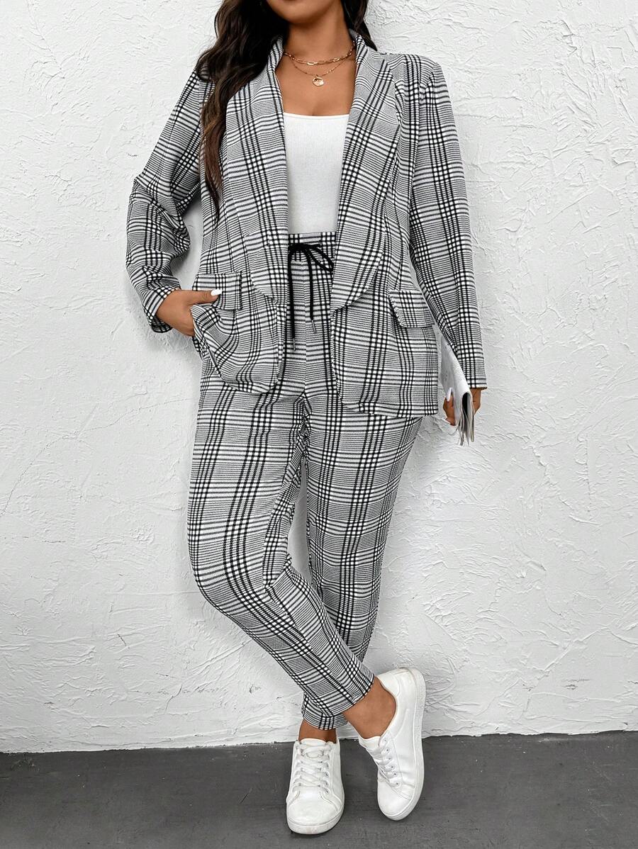 SHEIN Essnce Plus Size Women's And Fashion Casual Comfortable Basic Daily Black And White Plaid Long-Sleeved Suit Jacket And Leggings Two Pieces Set,Women Blazer Set,Work Clothes,Curve Office Wear,Pants Set,Business Casual Women,Old Money Style Women,Office Spring - Black and White - View 1