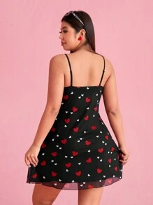 SHEIN EZwear Heart Print Mesh Plus Size Camisole Mini Dress/Valentine's Day - Black - View 2