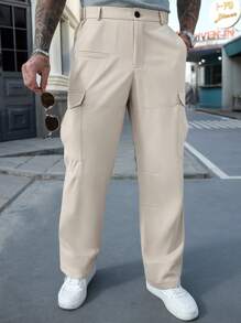 Manfinity CasualCool Men's Casual Solid Color Straight Leg Cargo Pants - Khaki - View 5