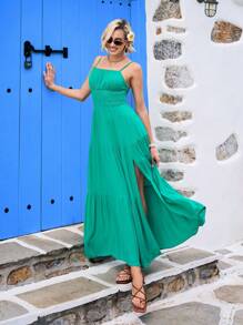 SHEIN VCAY 素色胸部褶皺高衩吊帶連衣裙 - 綠色 - 查看 5