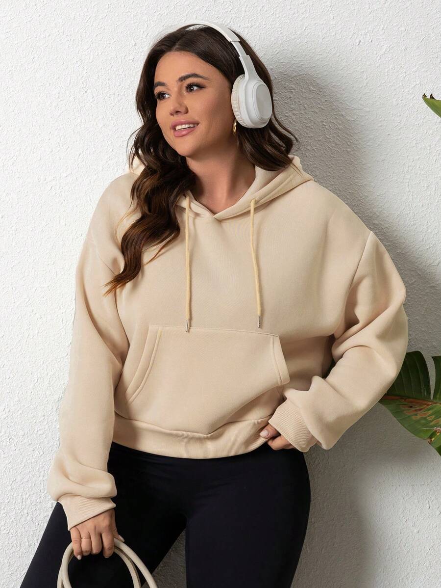 INAWLY Plus Size Plain Long Sleeve Pocket Hoodie Sweatshirt, Casual Daily Wear