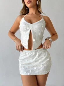 Aloruh 女式闪光 2 件套露背吊带背心和迷你裙 - 白色 - 查看 4