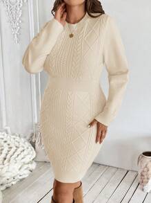 SHEIN LUNE Women Plus Size Textured Crew Neck Long Sleeve Cinched Waist Sweater Dress, Autumn/Winter