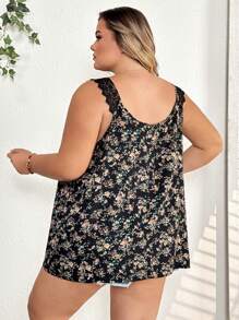 SHEIN CURVE+ Plus Size Summer New Arrival Small Flower Print Lace Patchwork Camisole Boho Vacation - Multicolor - View 2