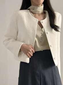 DAZY Chaqueta corta de manga larga y cuello redondo de unicolor para mujer, otoño